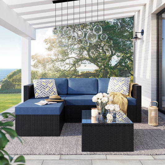 3 Piece Aegean Blue Outdoor Furniture Sectional Sofa Patio Set Black Rattan Wicker