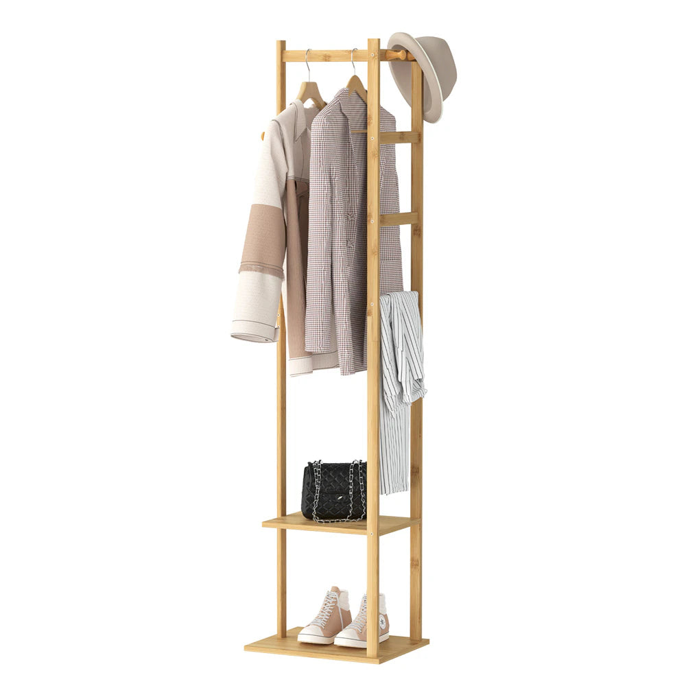 Coat Tree Solid Bamboo Freestanding Coat Rack with Storage Garments Corner Stand with Hooks for Home Bedroom