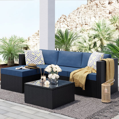 3 Piece Aegean Blue Outdoor Furniture Sectional Sofa Patio Set Black Rattan Wicker