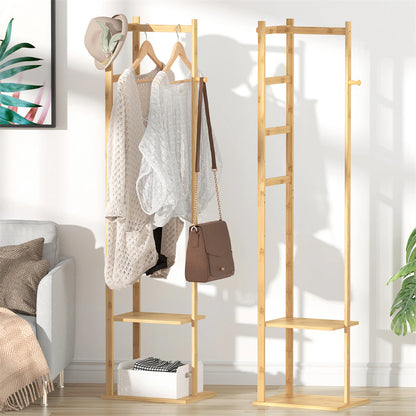 Coat Tree Solid Bamboo Freestanding Coat Rack with Storage Garments Corner Stand with Hooks for Home Bedroom