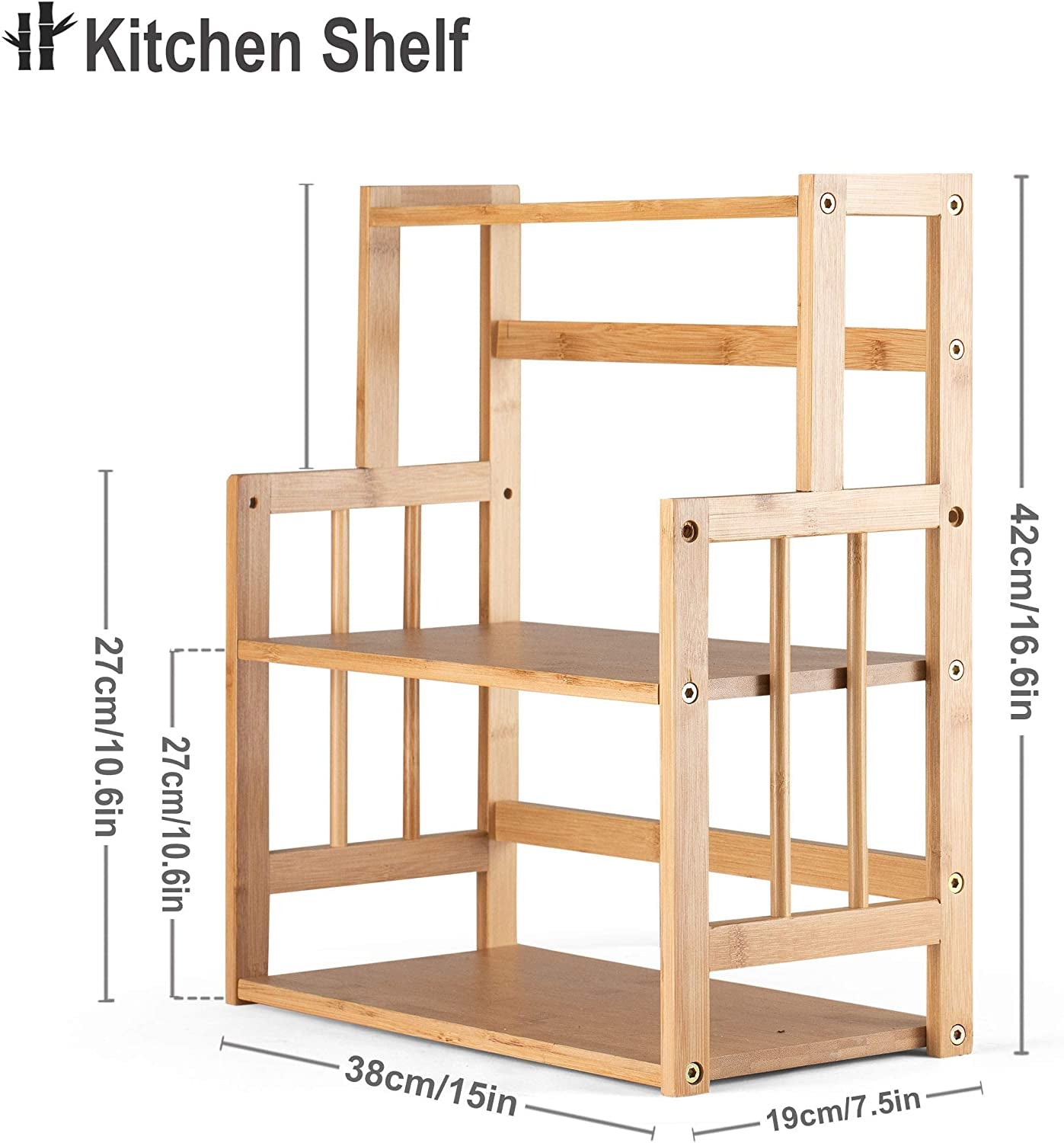 Bamboo Spice Rack Storage Shelves-3 Tier Standing Pantry Shelf for Kitchen Counter Storage,Bathroom Countertop Storage Organizer Desk Bookshelf with Adjustable Shelf Cabinet, Wooden